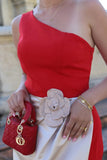 Red One Shoulder Satin Midi Formal Dress with 3D Flowers