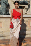 Red One Shoulder Satin Midi Formal Dress with 3D Flowers