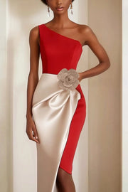 Red One Shoulder Satin Midi Formal Dress with 3D Flowers