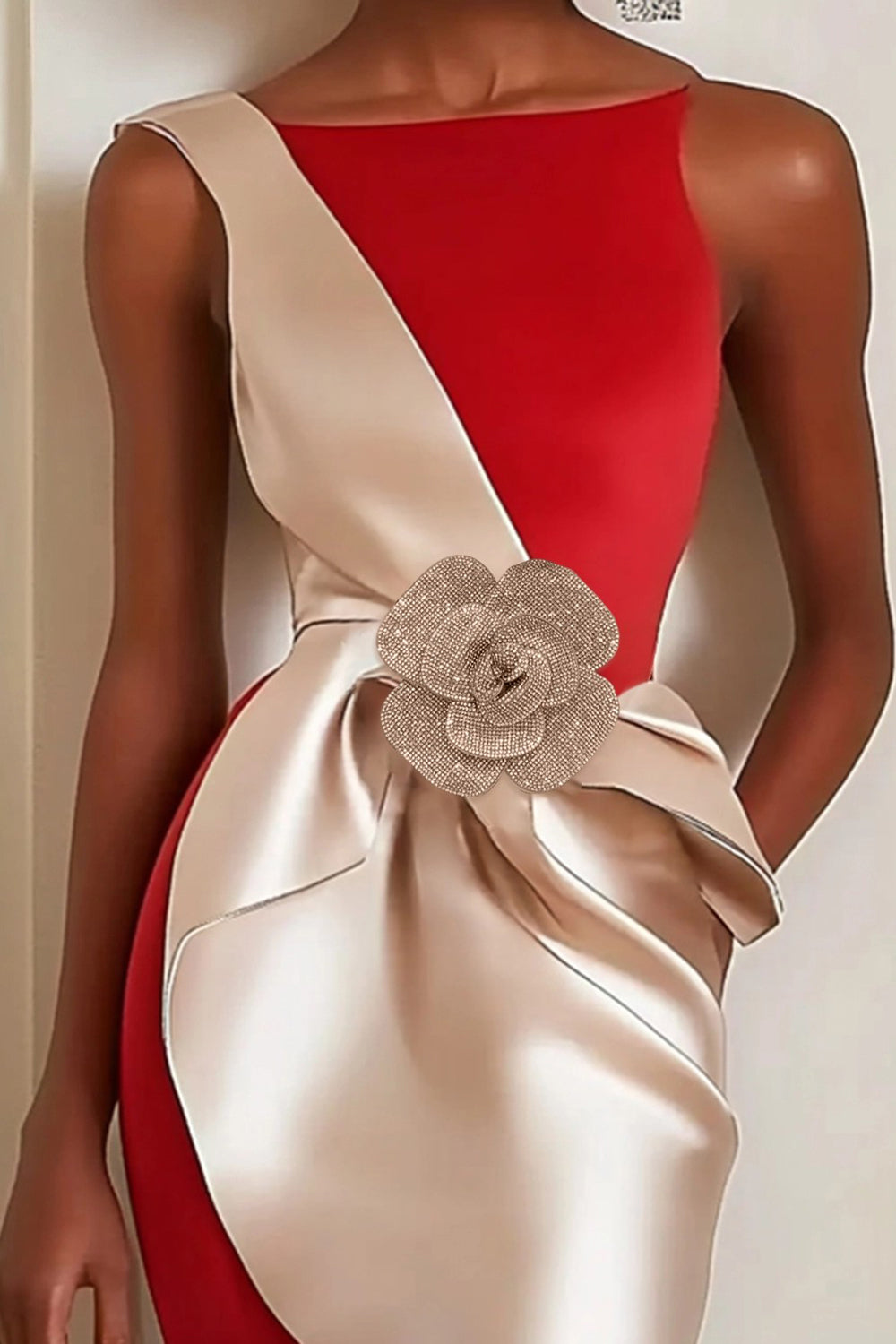 Red Bateau Neck Ruched Midi Formal Dress with 3D Flowers