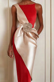 Red Bateau Neck Ruched Midi Formal Dress with 3D Flowers