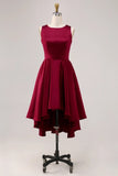 Burgundy Bateau Neck A Line Satin High-Low Cocktail Dress