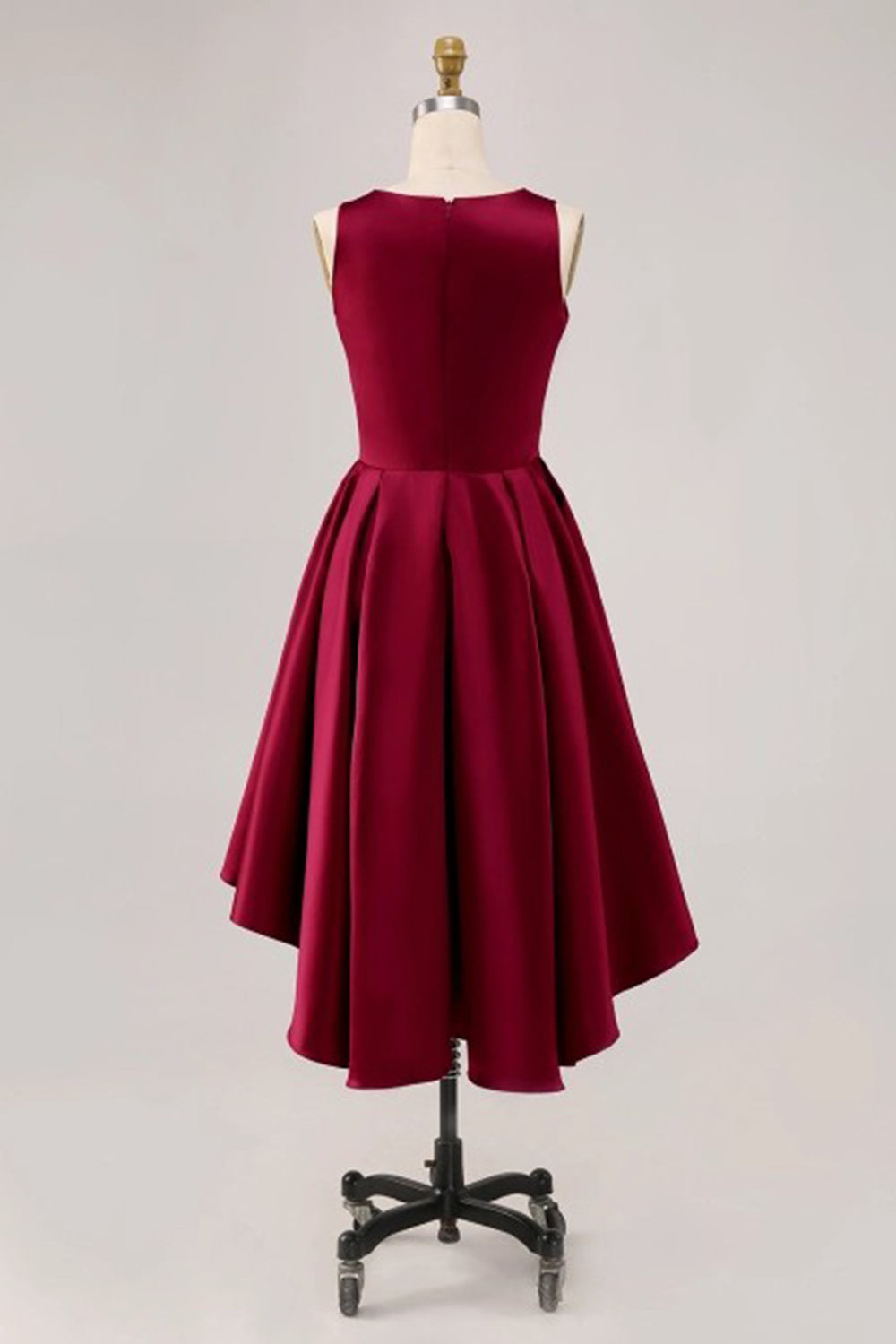 Burgundy Bateau Neck A Line Satin High-Low Cocktail Dress