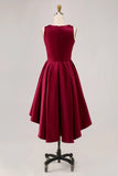 Burgundy Bateau Neck A Line Satin High-Low Cocktail Dress