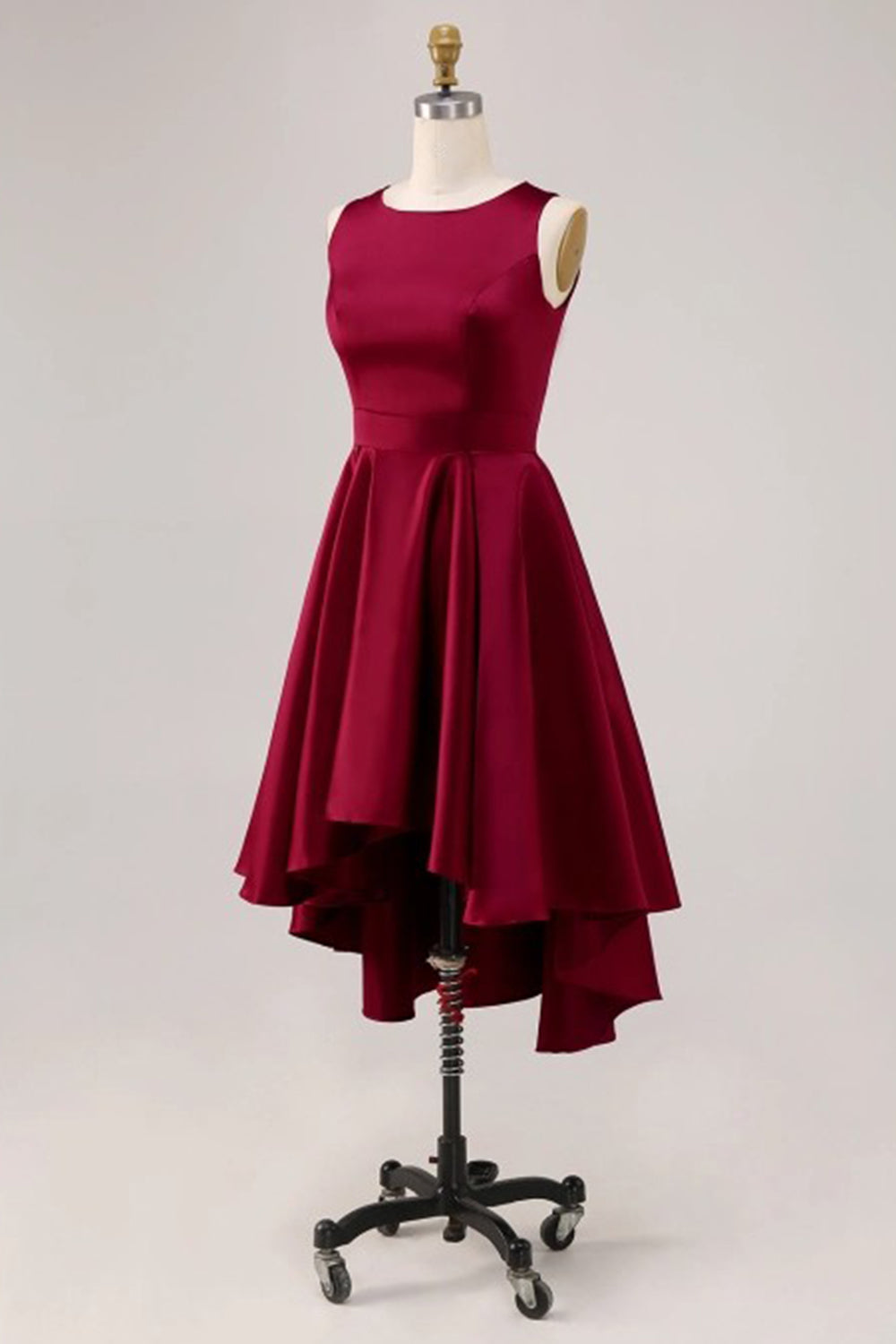 Burgundy Bateau Neck A Line Satin High-Low Cocktail Dress