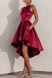Burgundy Bateau Neck A Line Satin High-Low Cocktail Dress