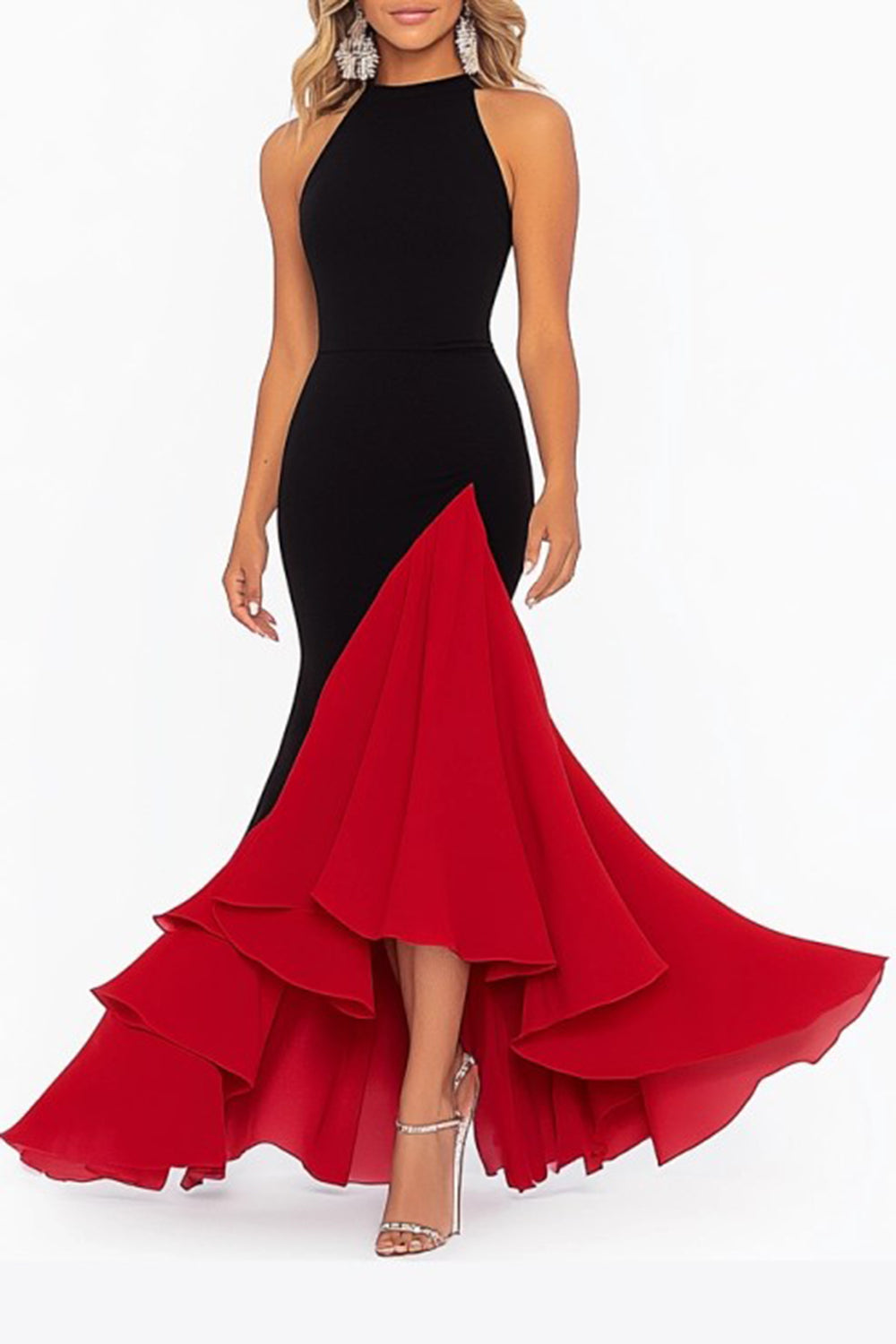 Black Red Halter Mermaid High-Low Formal Dress