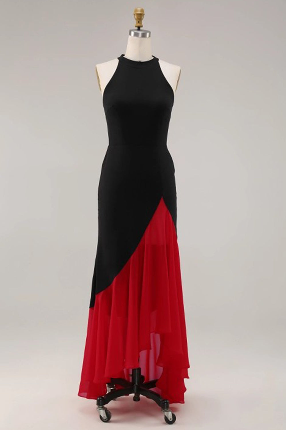 Black Red Halter Mermaid High-Low Formal Dress