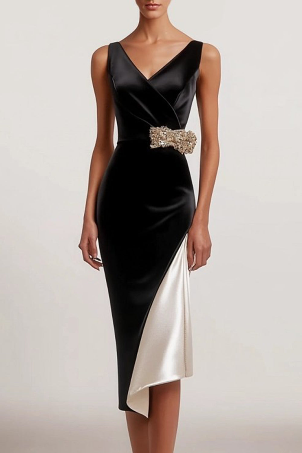 Black V Neck Bodycon Satin Beaded Midi Formal Dress