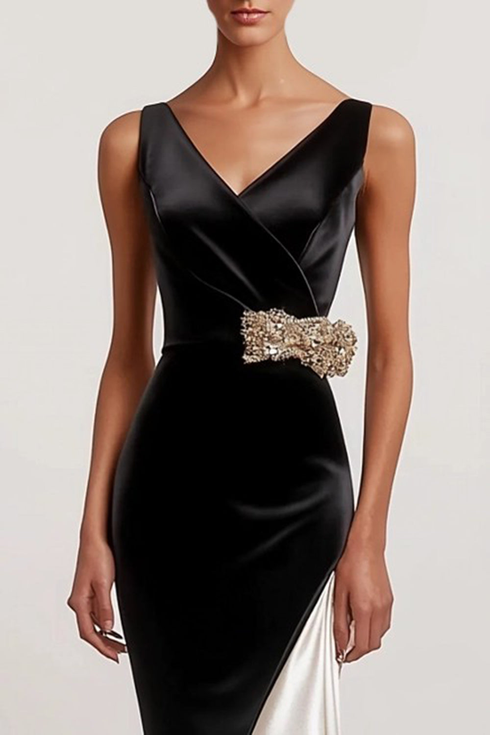 Black V Neck Bodycon Satin Beaded Midi Formal Dress