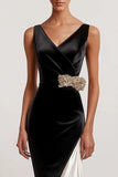 Black V Neck Bodycon Satin Beaded Midi Formal Dress