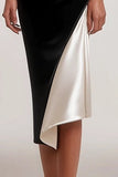 Black V Neck Bodycon Satin Beaded Midi Formal Dress