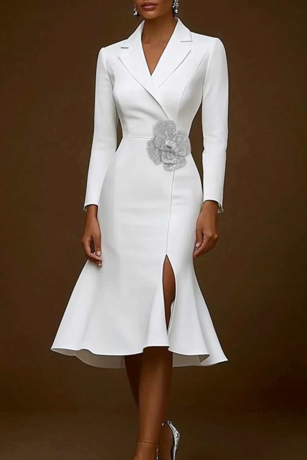 White Notched Lapel Mermaid Satin Beaded Midi Formal Dress