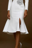 White Notched Lapel Mermaid Satin Beaded Midi Formal Dress