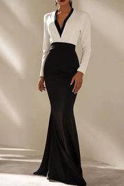Long Sleeve Black Mermaid V Neck Formal Dress