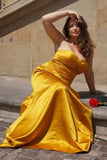 Yellow Strapless Sheath Ruched Satin Formal Dress