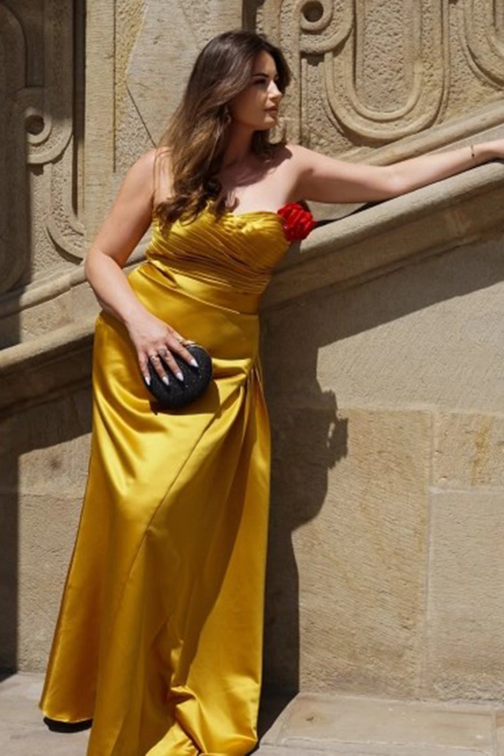 Yellow Strapless Sheath Ruched Satin Formal Dress