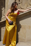 Yellow Strapless Sheath Ruched Satin Formal Dress