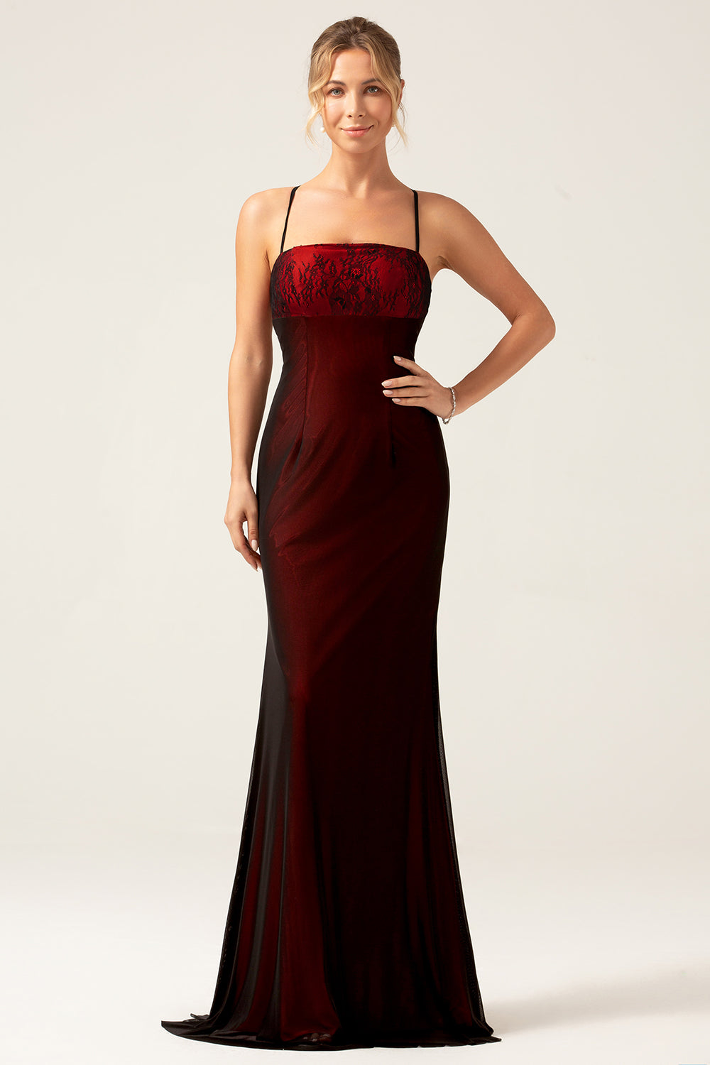 Black Red Spaghetti Straps Formal Dress with Lace up Back