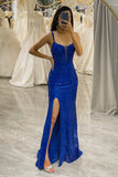 Royal Blue Glitter Deep V-neck Mermaid Prom Dress with Slit