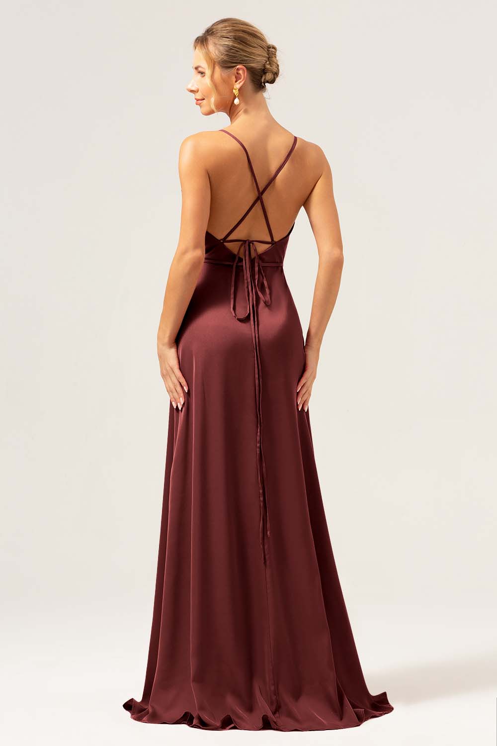 Dark Navy A Line Cowl Neck Long Satin Bridesmaid Dress with Slit