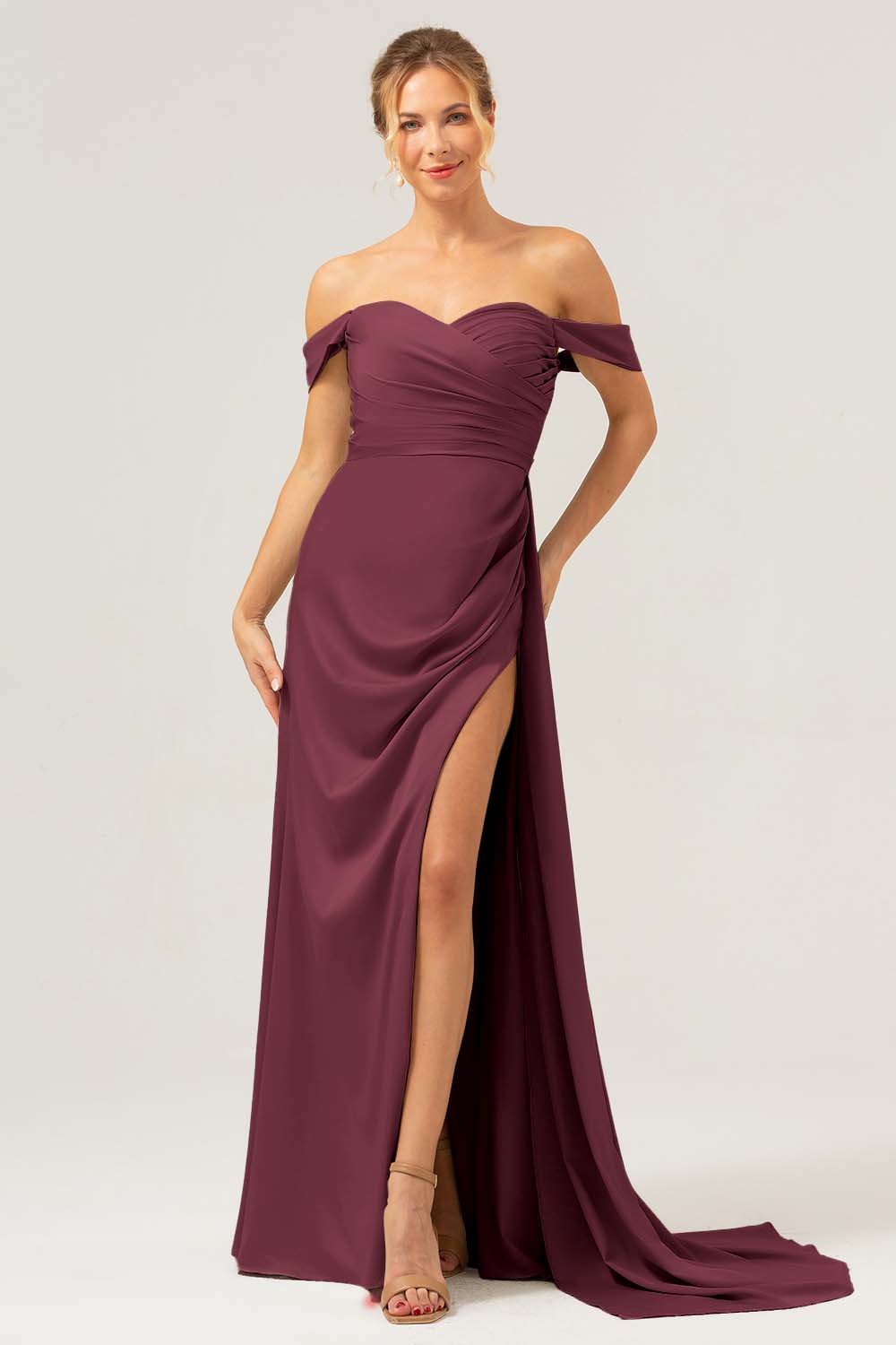 Stylish Dark Green Mermaid Off The Shoulder Pleated Satin Long Bridesmaid Dress with Slit
