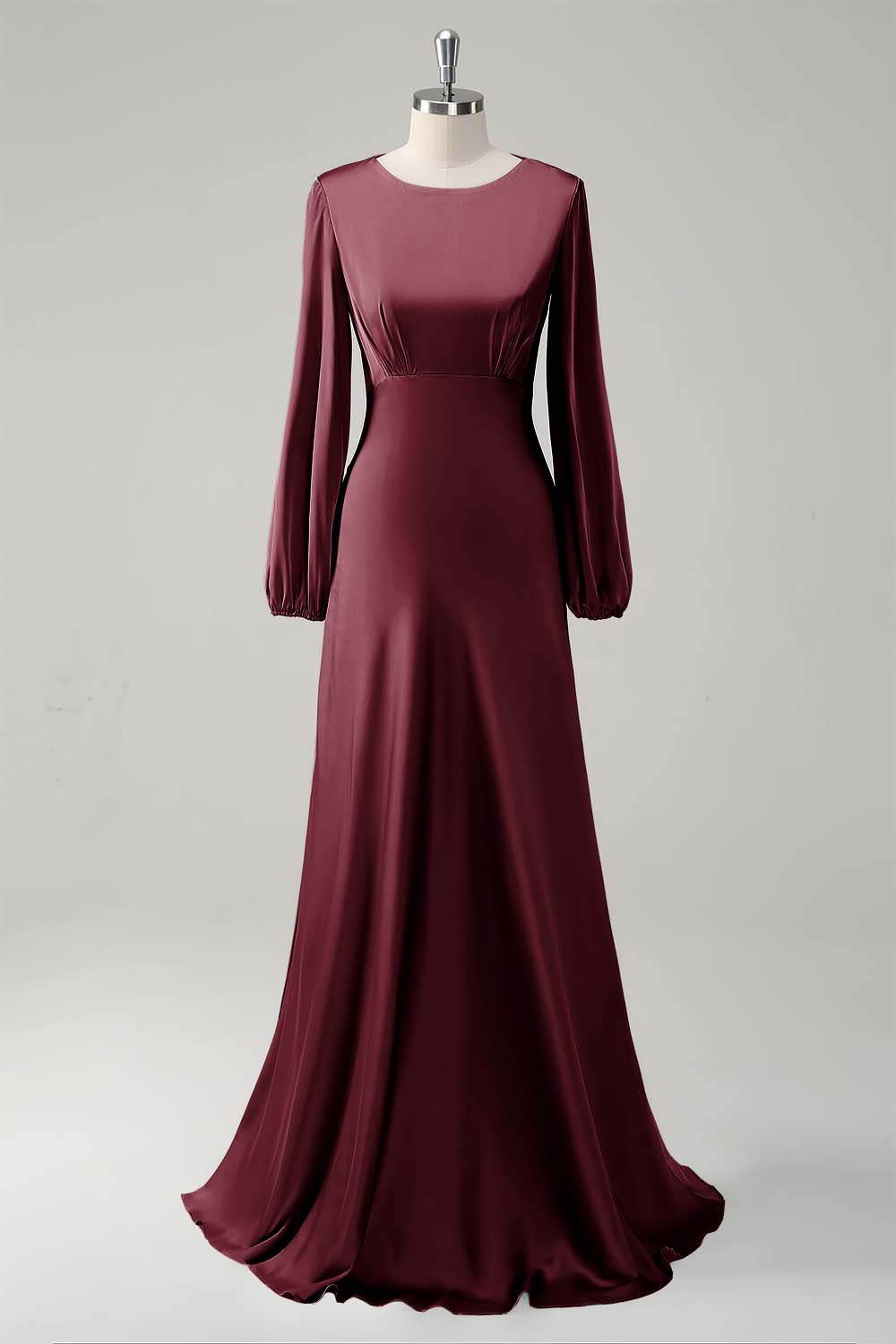 Agave A-Line Round Neck Satin Long Bridesmaid Dress with Long Sleeves