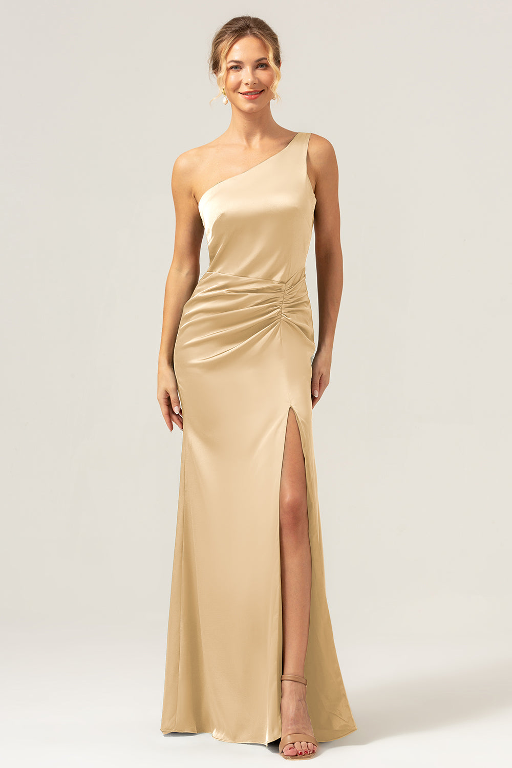 Dark Green Elegant Mermaid One Shoulder Pleated Backless Bridesmaid Dress with Slit