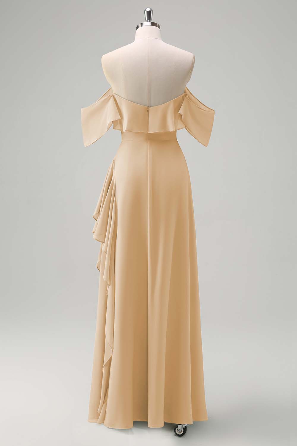 Light Green Sheath Off The Shoulder Chiffon Long Bridesmaid Dress with Ruffle Slit