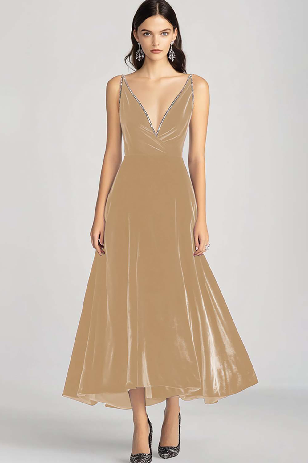 Burgundy Velvet V Neck Spaghetti Straps Formal Dress