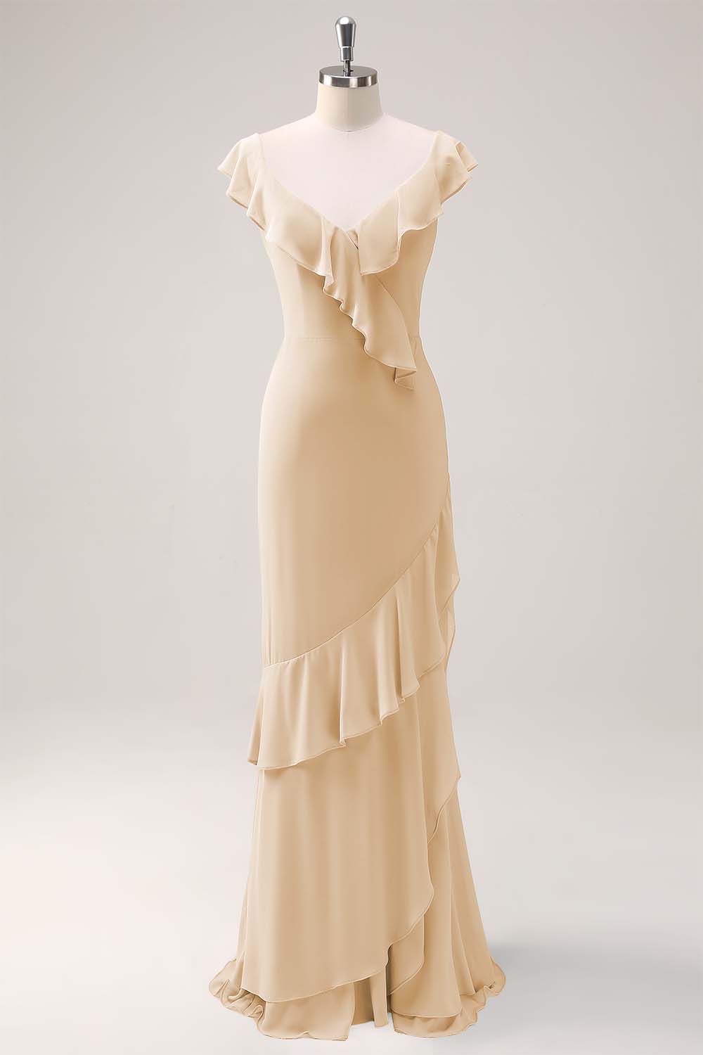 Dusty Sage Sheath V Neck Chiffon Long Bridesmaid Dress with Ruffles