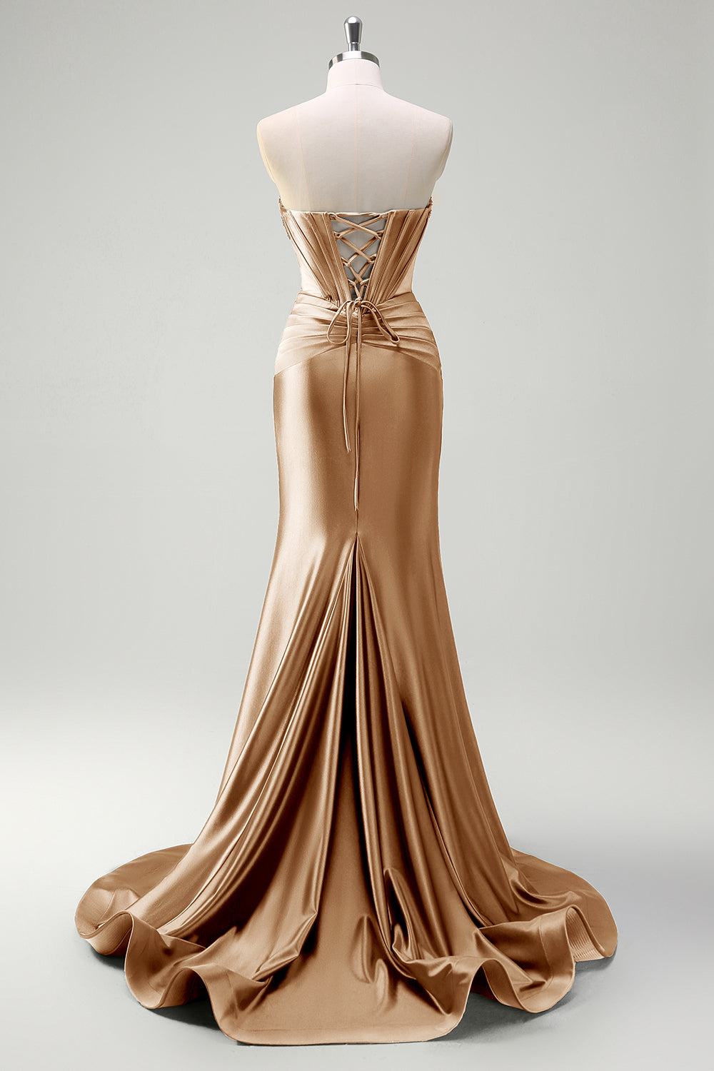 Dark Green Mermaid Strapless Beaded Corset Keyhole Satin Prom Dress with Slit