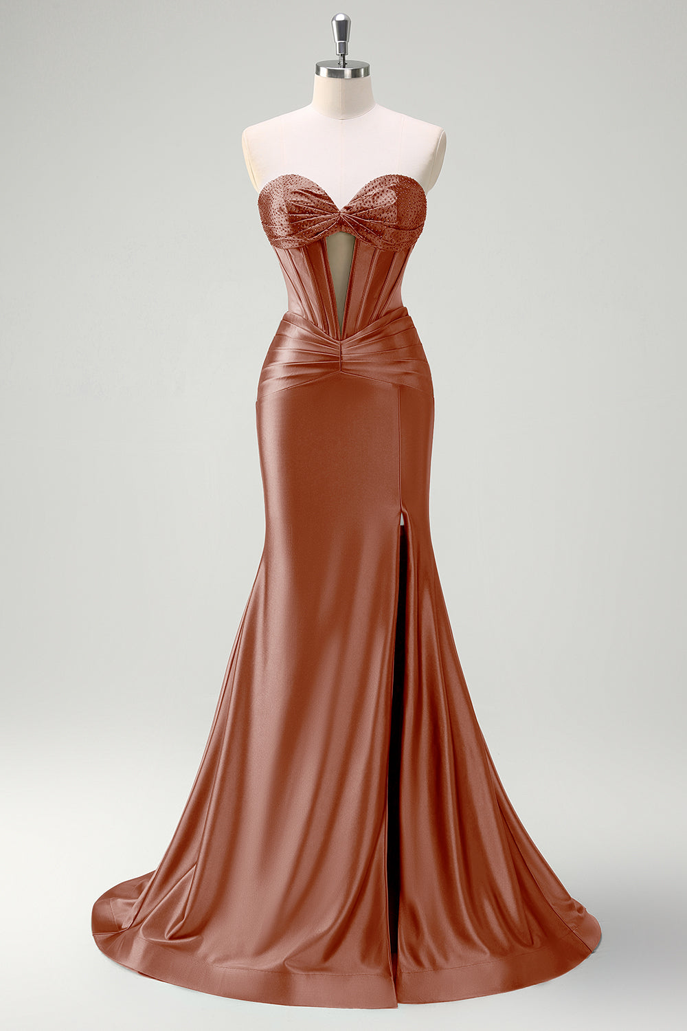 Dark Green Mermaid Strapless Beaded Corset Keyhole Satin Prom Dress with Slit