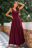 Burgundy V Neck Lace A Line Long Formal Dress