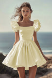 A Line White Puff Sleeves Ruched Short Graduation Dress