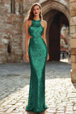Sparkly Mermaid Halter Cut Out Gold Evening Dress