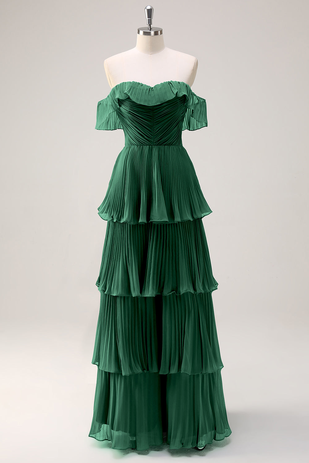 Eucalyptus A-Line Off The Shoulder Tiered Pleated Floor Length Bridesmaid Dress