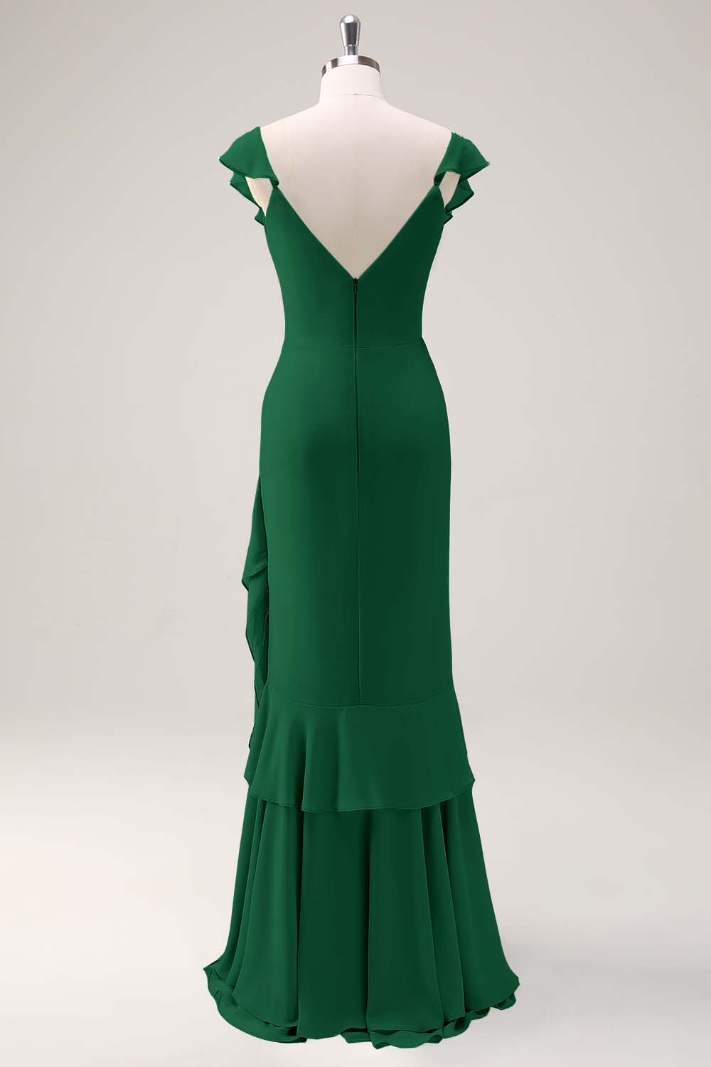 Dusty Sage Sheath V Neck Chiffon Long Bridesmaid Dress with Ruffles