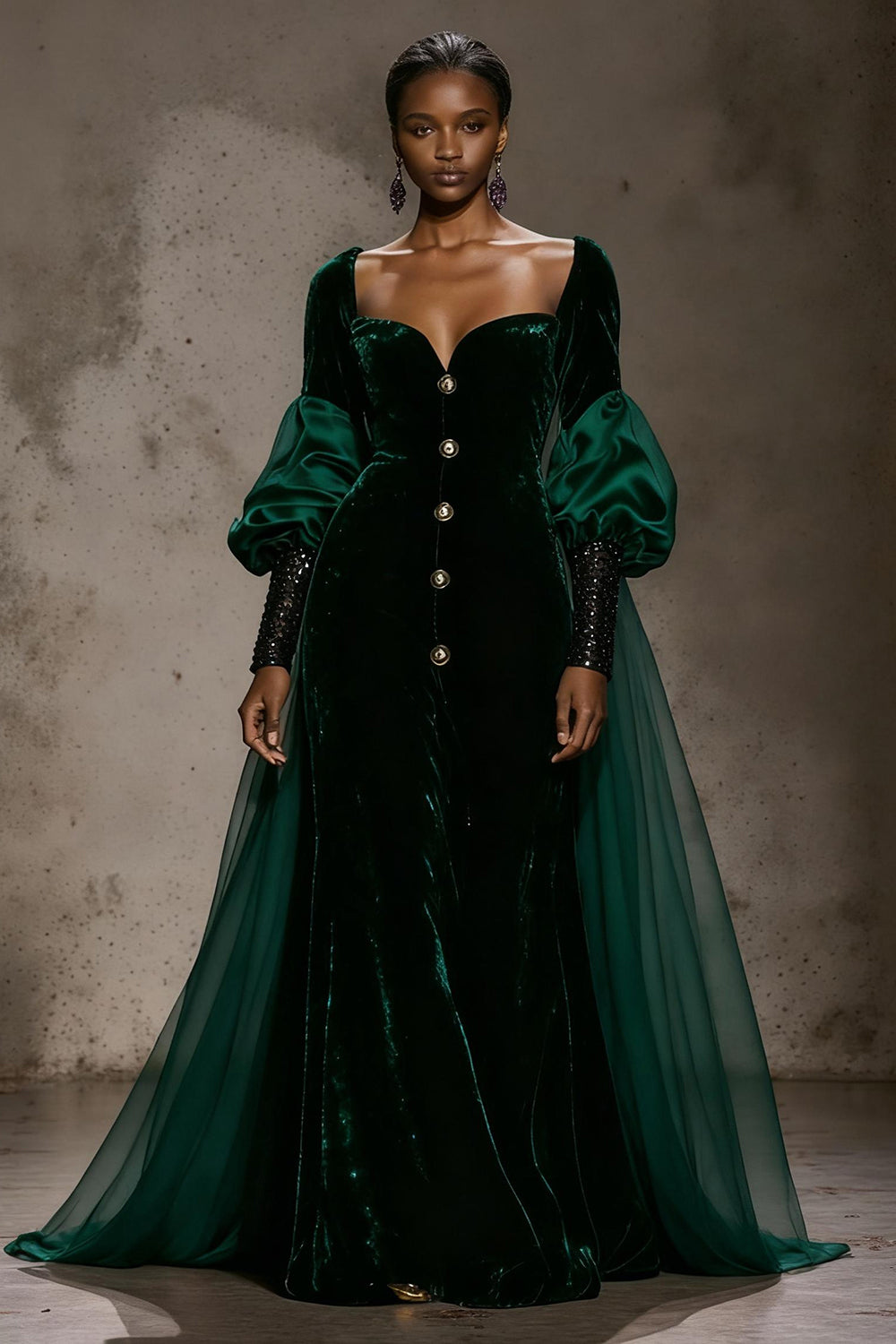 Burgundy Long Sleeve Velvet A Line Evening Dress