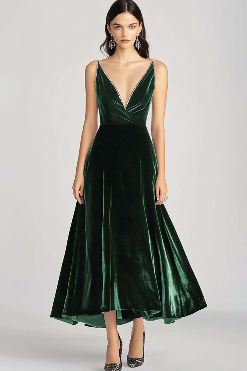 Burgundy Velvet V Neck Spaghetti Straps Formal Dress