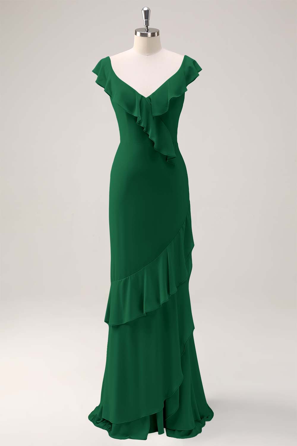 Dusty Sage Sheath V Neck Chiffon Long Bridesmaid Dress with Ruffles