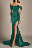 Black Mermaid Satin Off the Shoulder Evening Dress with Slit