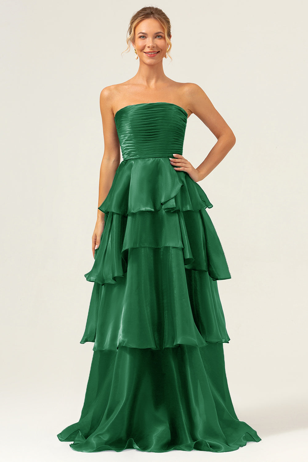 Blue A-Line Strapless Tiered Pleated Ruffled Floor Length Dress