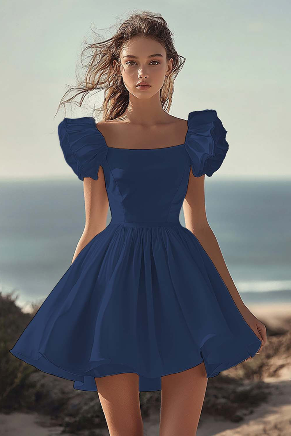 A Line White Puff Sleeves Ruched Short Graduation Dress