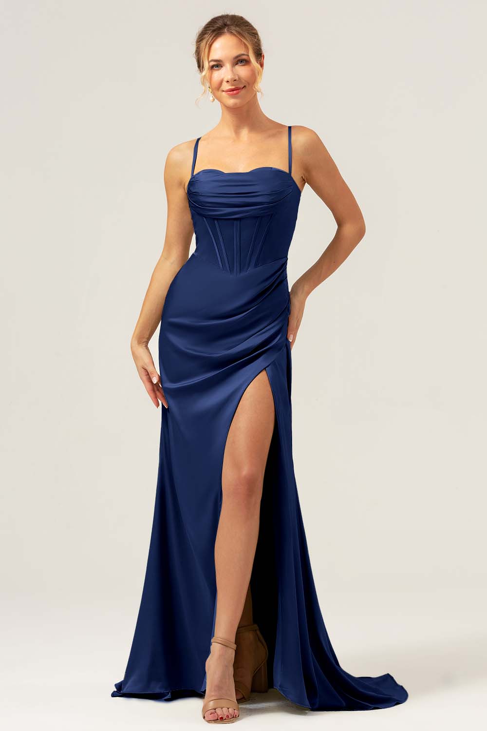 Martini Mermaid Cowl Neckline Ruched Corset Long Satin Bridesmaid Dress with Slit