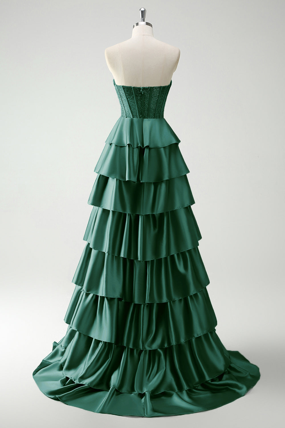 Green Princess Sweetheart Satin Tiered Long Corset Prom Dress with Slit