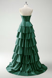 Green Princess Sweetheart Satin Tiered Long Corset Prom Dress with Slit