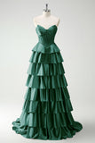 Green Princess Sweetheart Satin Tiered Long Corset Prom Dress with Slit
