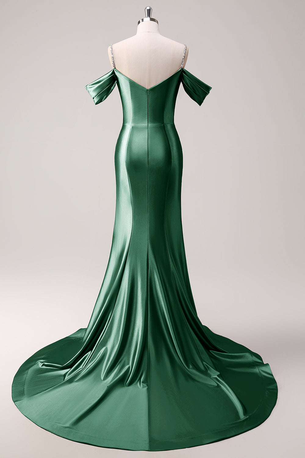 Mermaid Cold Shoulder Sequin Ruched Satin Golden Long Prom Dress