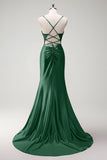 Black Mermaid Beaded Corset Satin Long Prom Dress with Slit